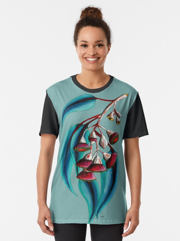 Colorful graphic t-shirt featuring a beautiful Australian gum tree with flowers and birds - Women