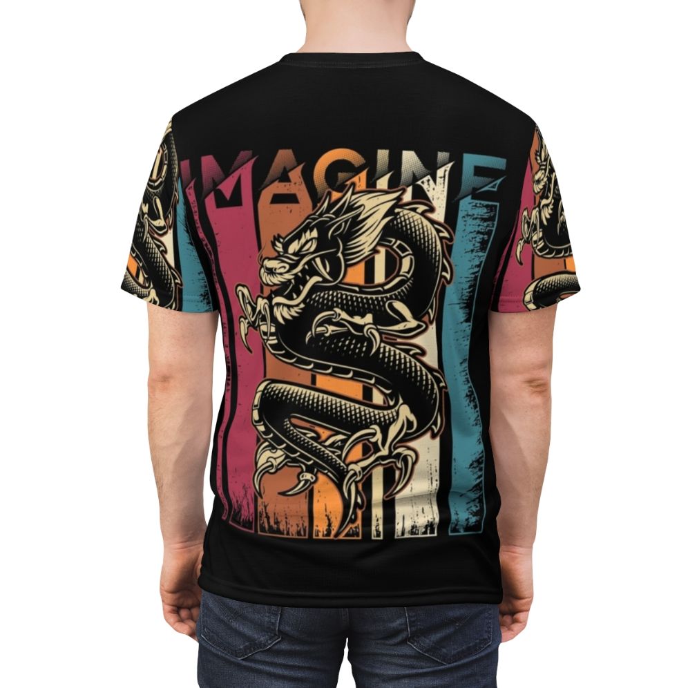 Vintage-style t-shirt featuring a cool dragon graphic design inspired by the music band Imagine Dragons - men back