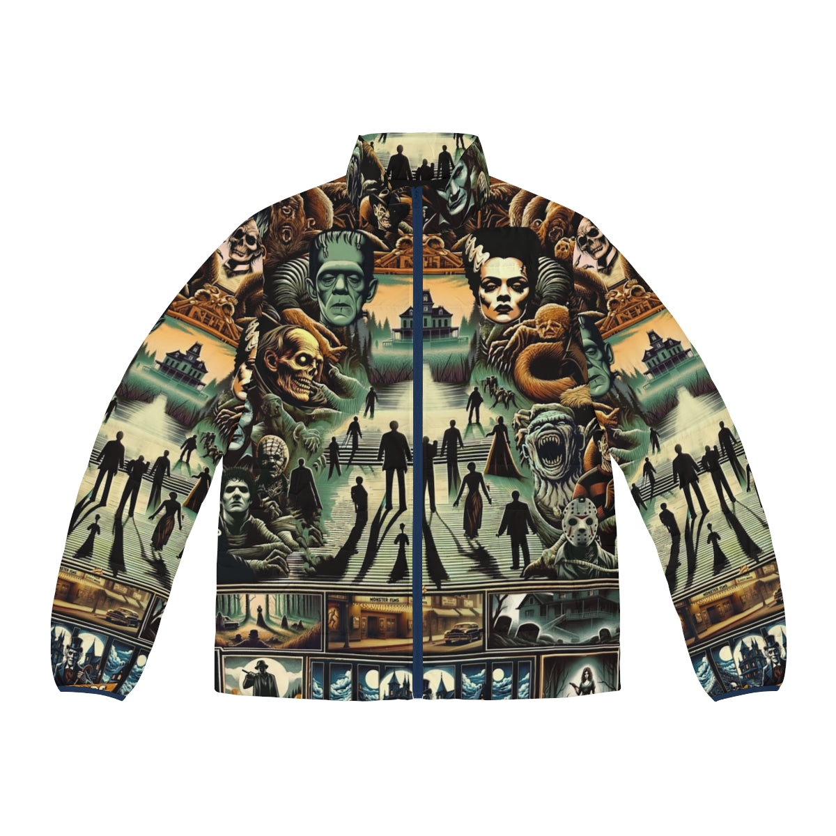 Midnight Macabre Puffer Jacket, a gothic-inspired horror-themed outerwear piece