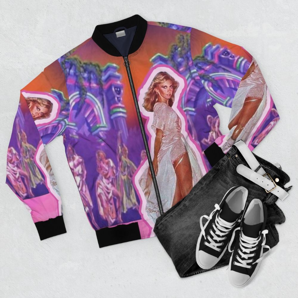 Vibrant bomber jacket featuring a retro Xanadu-inspired design with roller skating muses - Flat lay