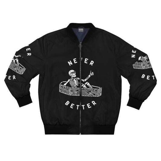 A black and white bomber jacket with a bold typographic design featuring a skull and dark humor elements.