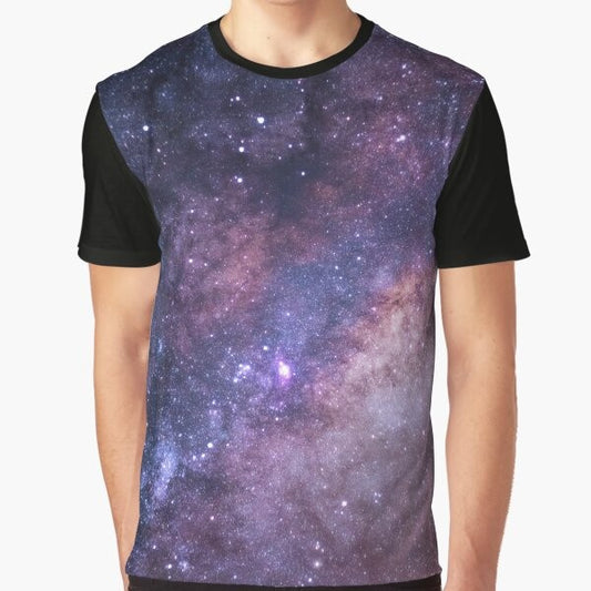 Galaxy Graphic T-Shirt with Purple Stars and Cosmic Design