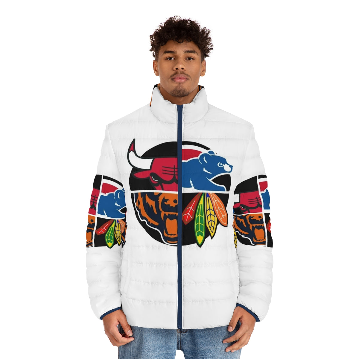 Chicago Northside Sports Quad Puffer Jacket featuring iconic Chicago sports teams and players - men front