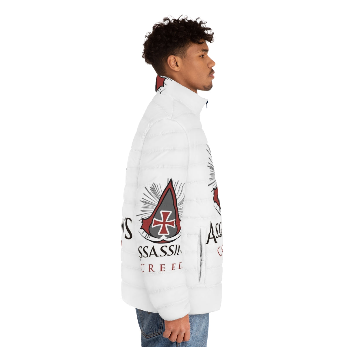 Assassins and Templars Puffer Jacket featuring popular Assassin's Creed video game characters - men side right