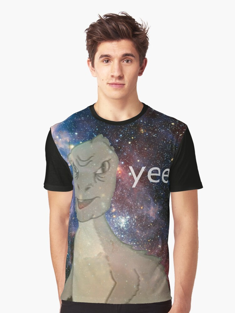 Vintage-style graphic t-shirt featuring a cosmic t-rex dinosaur meme design - Men