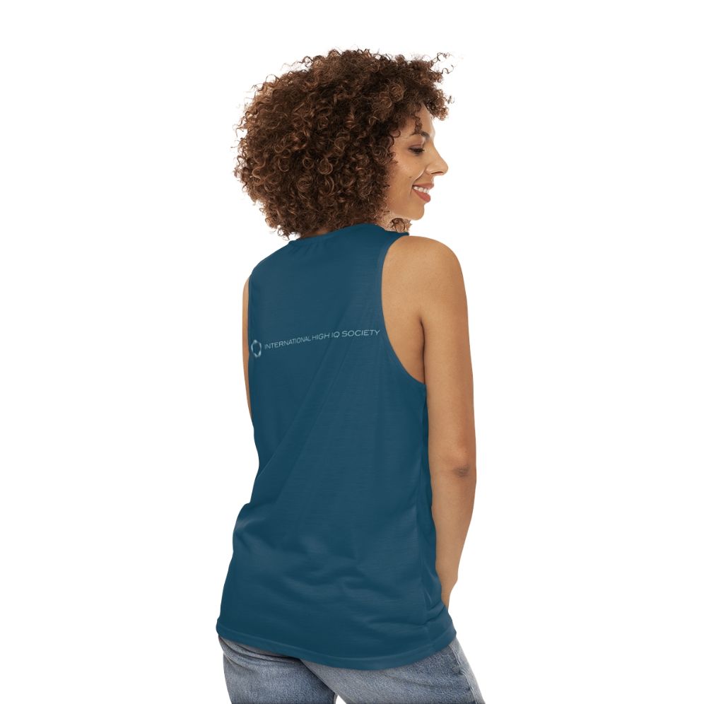 Unisex blue tank top with high IQ society logo - women back