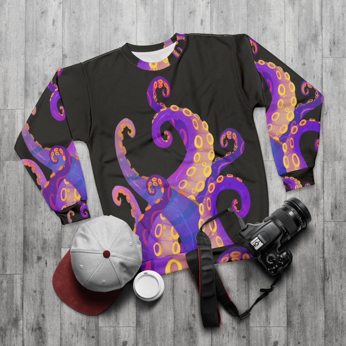 Tentacles Sweatshirt 3 - Cthulhu Inspired Purple Sea Creature Apparel - flat lay