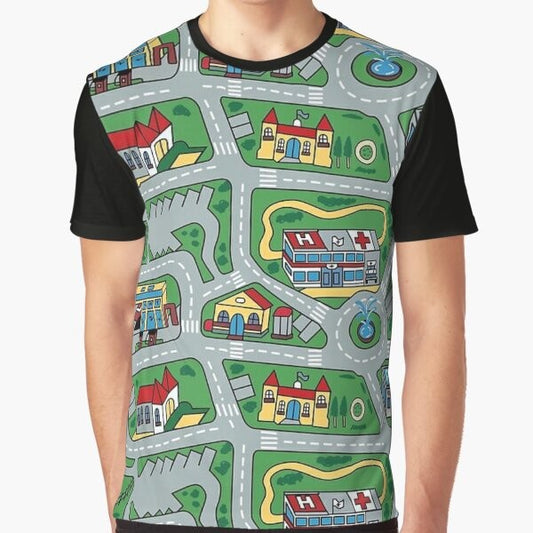 Vintage-style street carpet graphic printed on a t-shirt