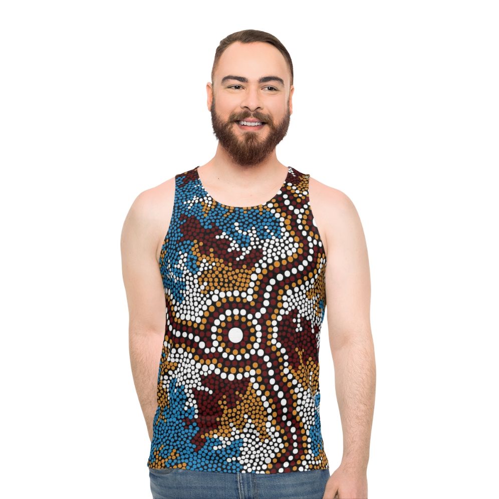 Unisex Tank Top with Aboriginal Art Depicting Wetland Dreaming - men