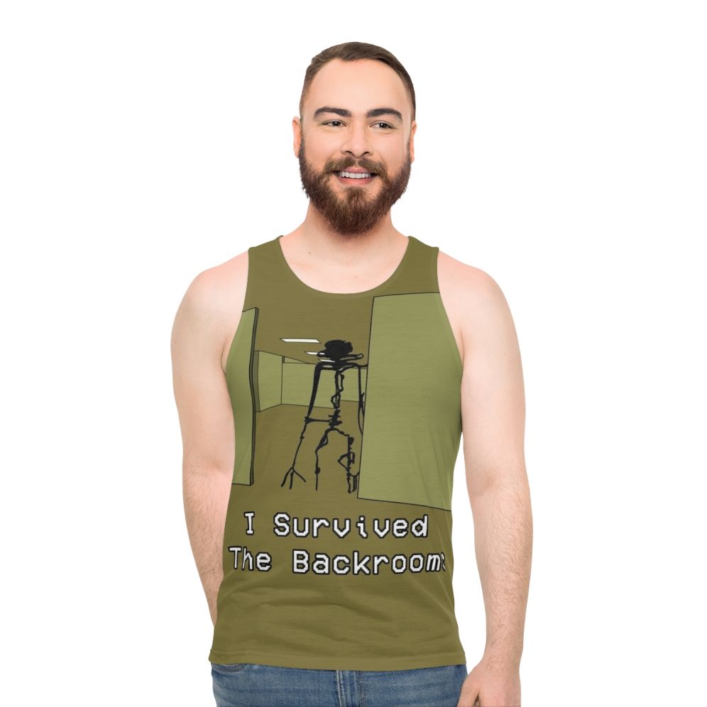 Backrooms inspired unisex tank top featuring creepy liminal space horror design - men