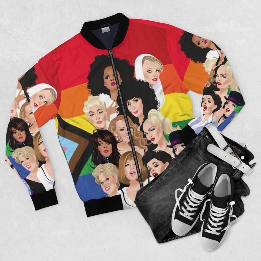 Pride Divas Edition Bomber Jacket featuring gay icons and LGBTQ+ pride design - Flat lay