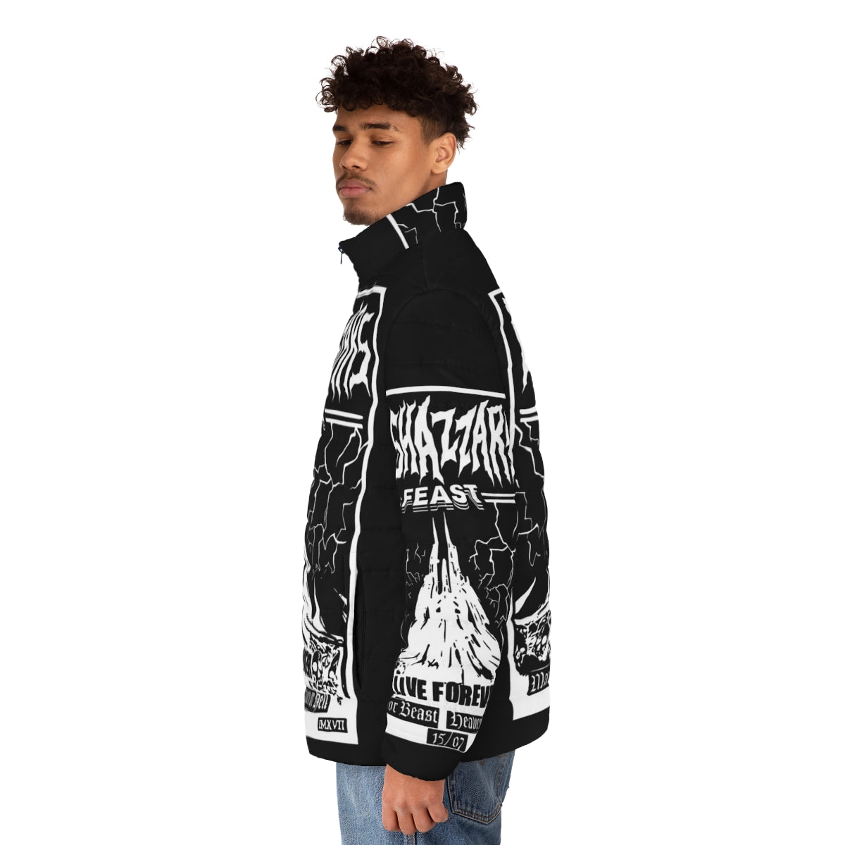 Belshazzar's Feast Puffer Jacket featuring the iconic writing on the wall design - men side left