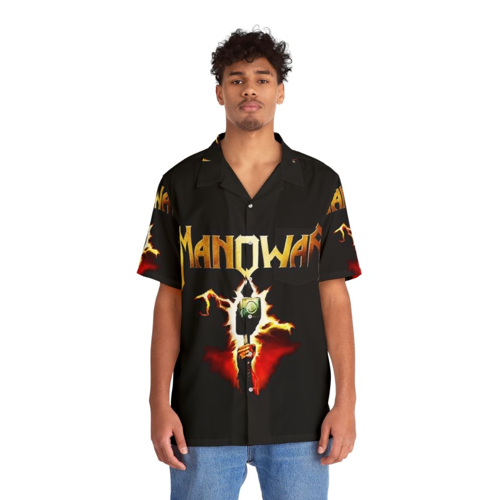 Manowar logo Hawaiian shirt with vibrant tropical design - People Front