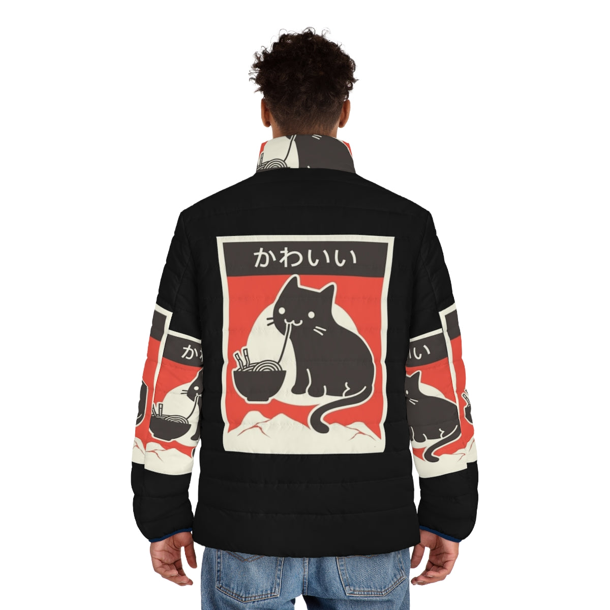 Kawaii vintage Japanese ramen cat puffer jacket - men back