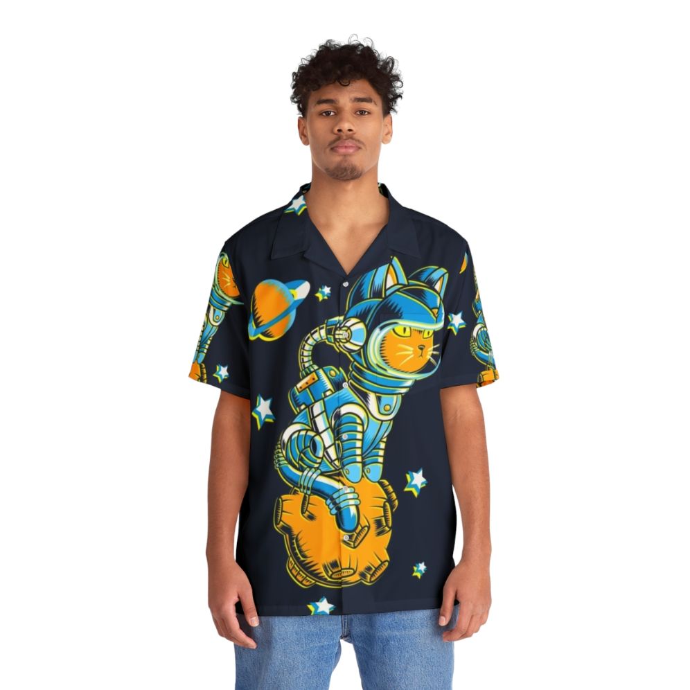 Cosmic Cat Hawaiian Shirt featuring a cute cat in a space-themed Hawaiian design - People Front