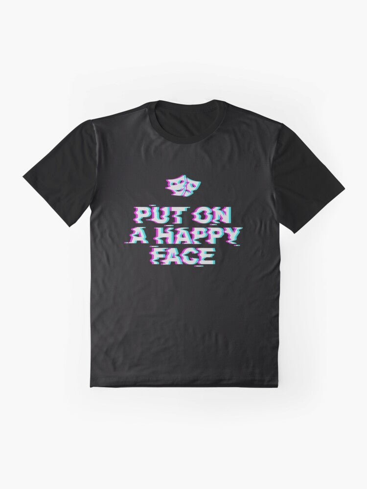 Joker-inspired graphic t-shirt with a happy face design that represents the contrast between happiness and sadness. - Flat lay