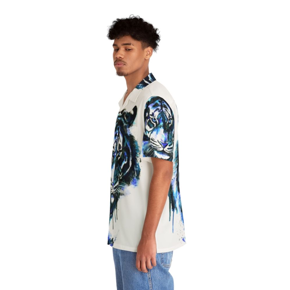 Blue Tiger Hawaiian Shirt with Tropical Floral Pattern - People Left