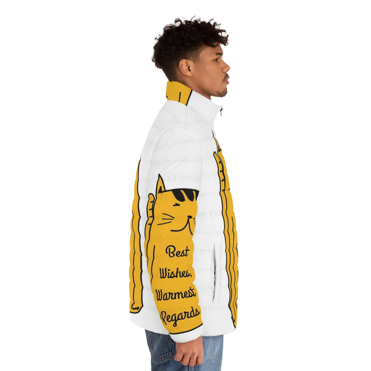 Schitt's Creek themed puffer jacket with "Best Wishes Warmest Regards" text - men side right