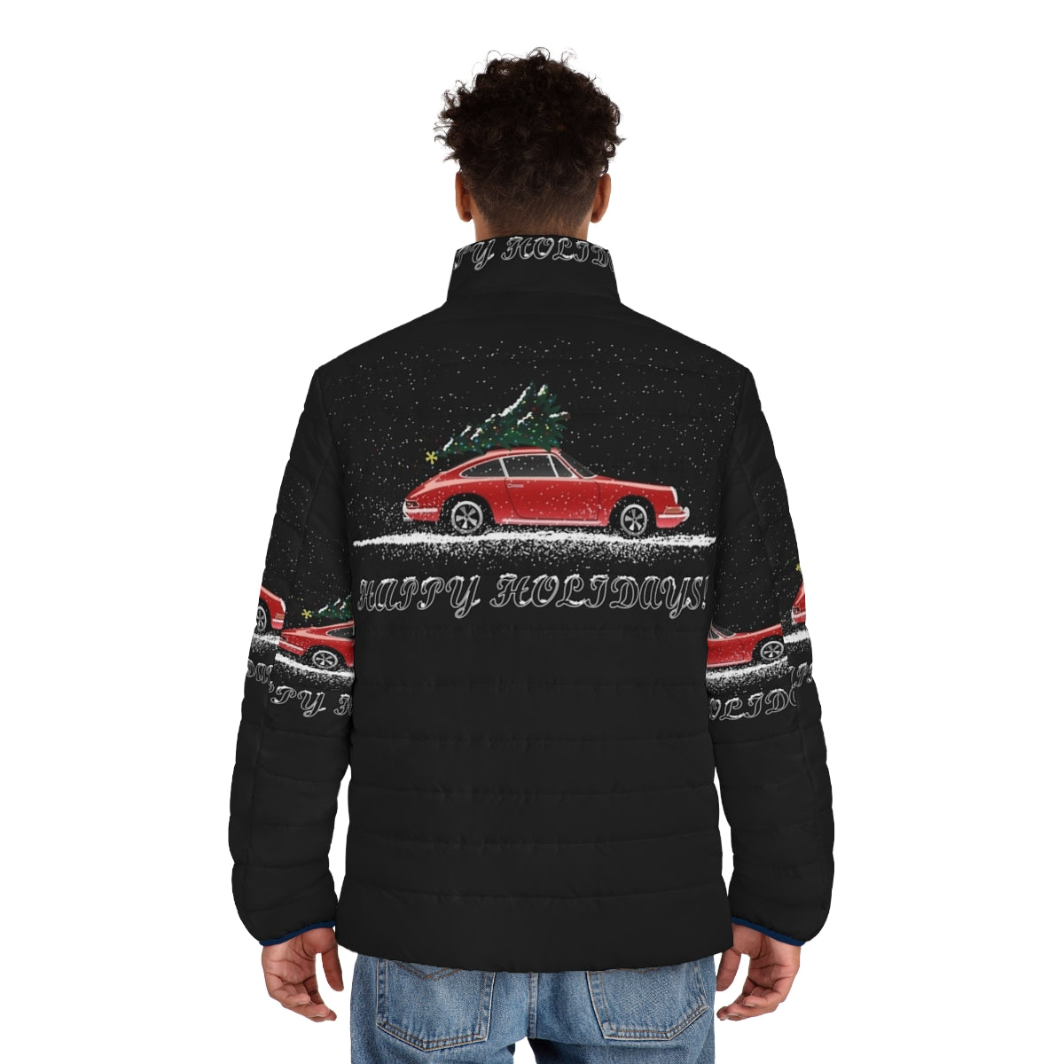 Stylish Porsche 911 puffer jacket with snowy winter and holiday imagery - men back