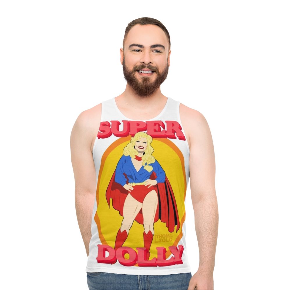 Unisex tank top with Dolly Parton and superhero pinup style - men