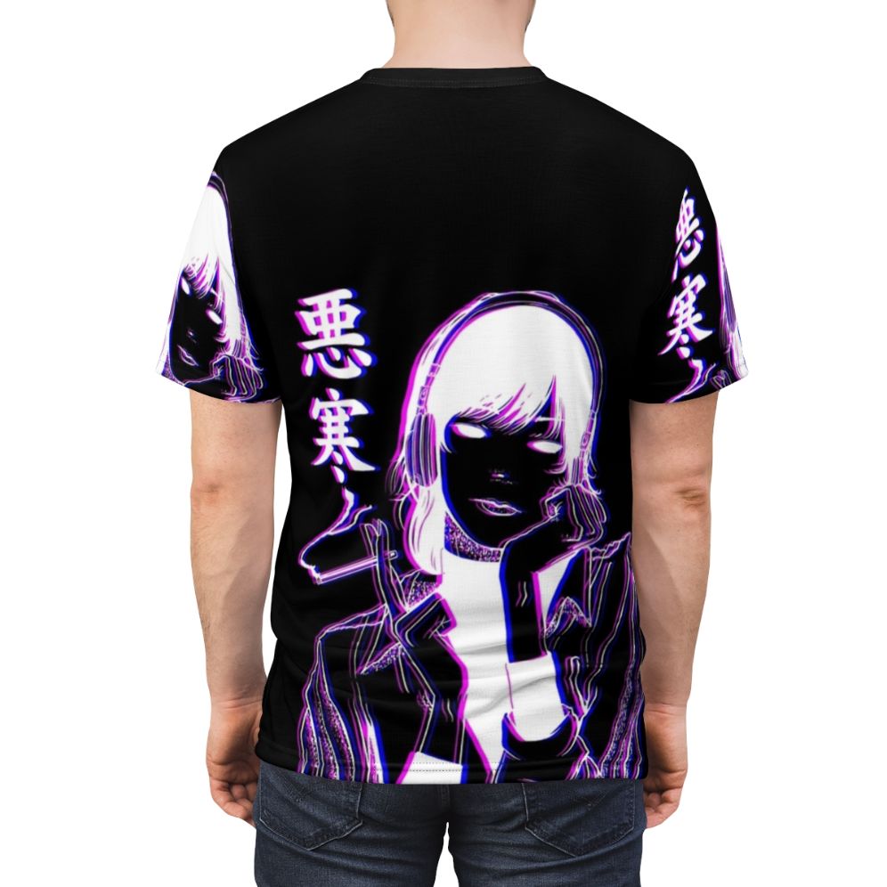 Chill glitch aesthetic t-shirt featuring lofi vaporwave-inspired design with anime girl and music elements. - men back