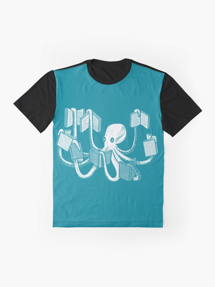 An illustration of an octopus reading a book, with the text "Octopus Reading Book Graphic T-Shirt for Book Lovers". - Flat lay