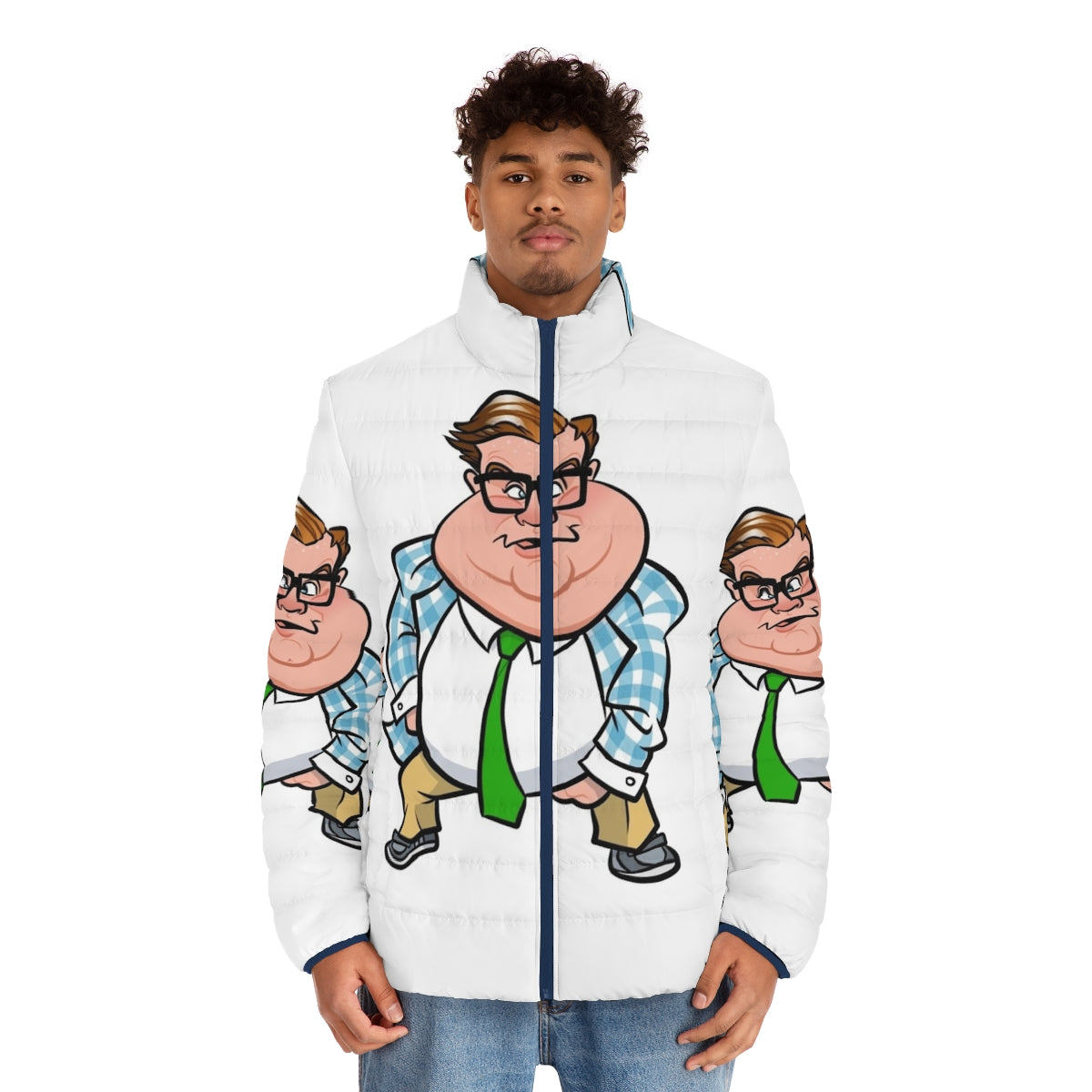 Matt Foley Puffer Jacket featuring a caricature of the iconic SNL character - men front