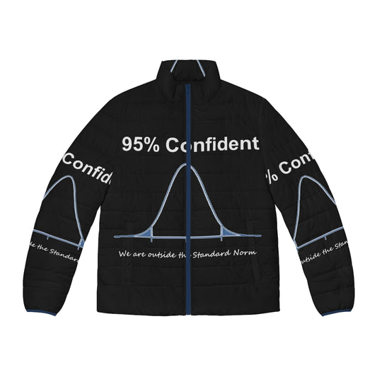 A stylish puffer jacket with a '95% Confident' graphic, perfect for data scientists, math nerds, and tech-savvy individuals.