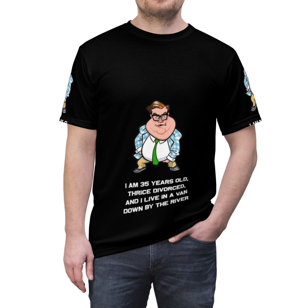 A t-shirt design featuring the iconic Chris Farley character Matt Foley from Saturday Night Live - men front