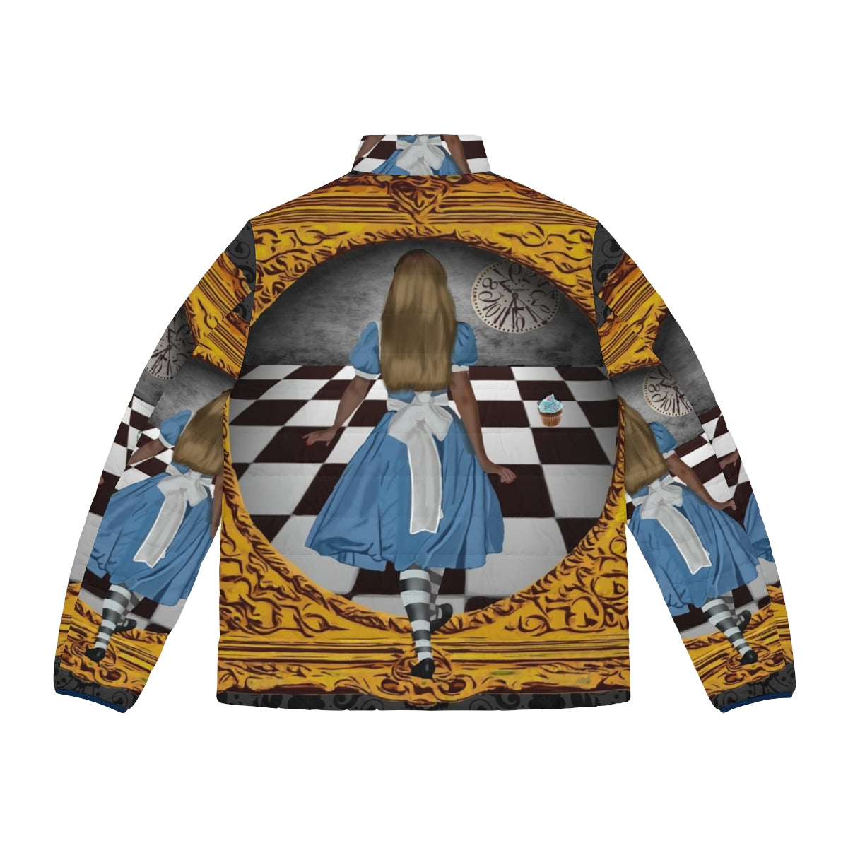 Model wearing a blue and gold puffer jacket with an alice in wonderland inspired design - Back