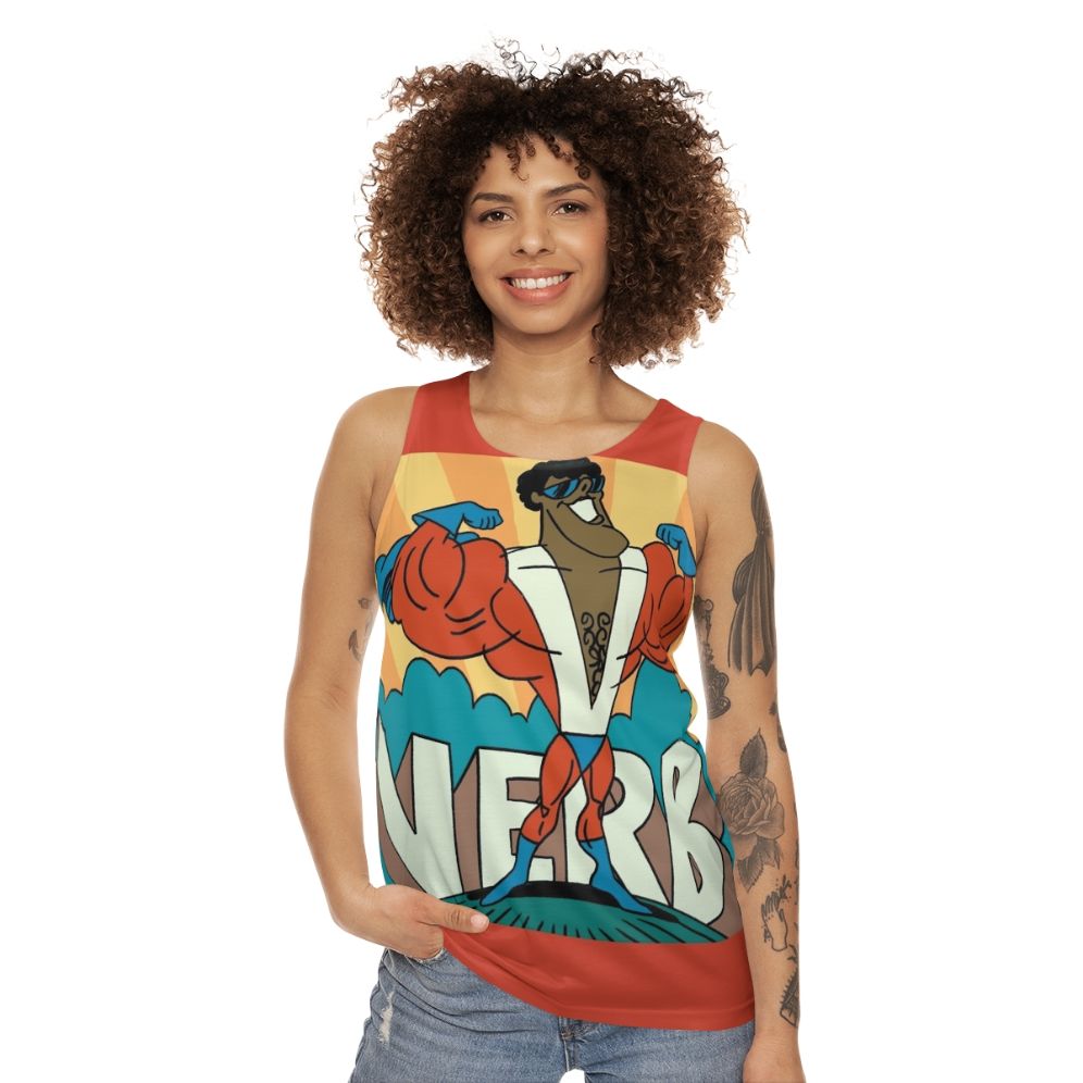 Unisex tank top with 1970s cartoon superhero verb design - women