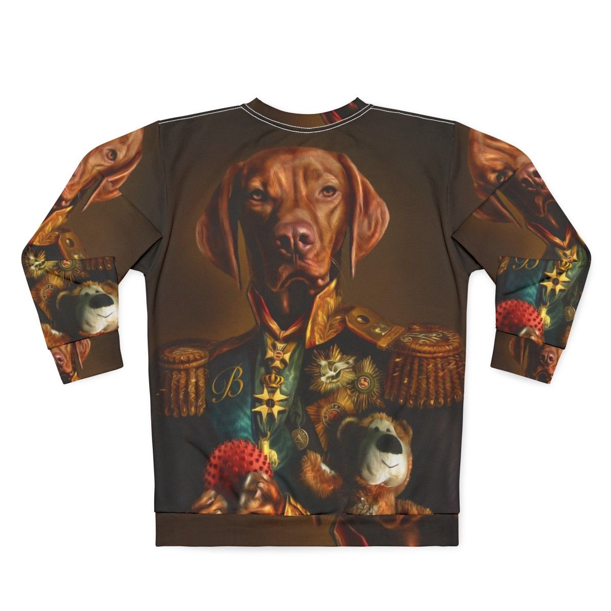 Hungarian Vizsla dog wearing a sweatshirt with a portrait of itself - Back