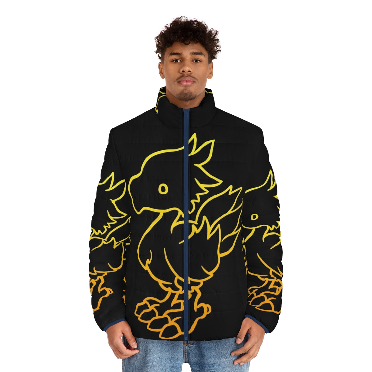 Final Fantasy Chocobo Puffer Jacket - Minimalist neon gaming apparel featuring the iconic Chocobo from the beloved Final Fantasy video game series - men front