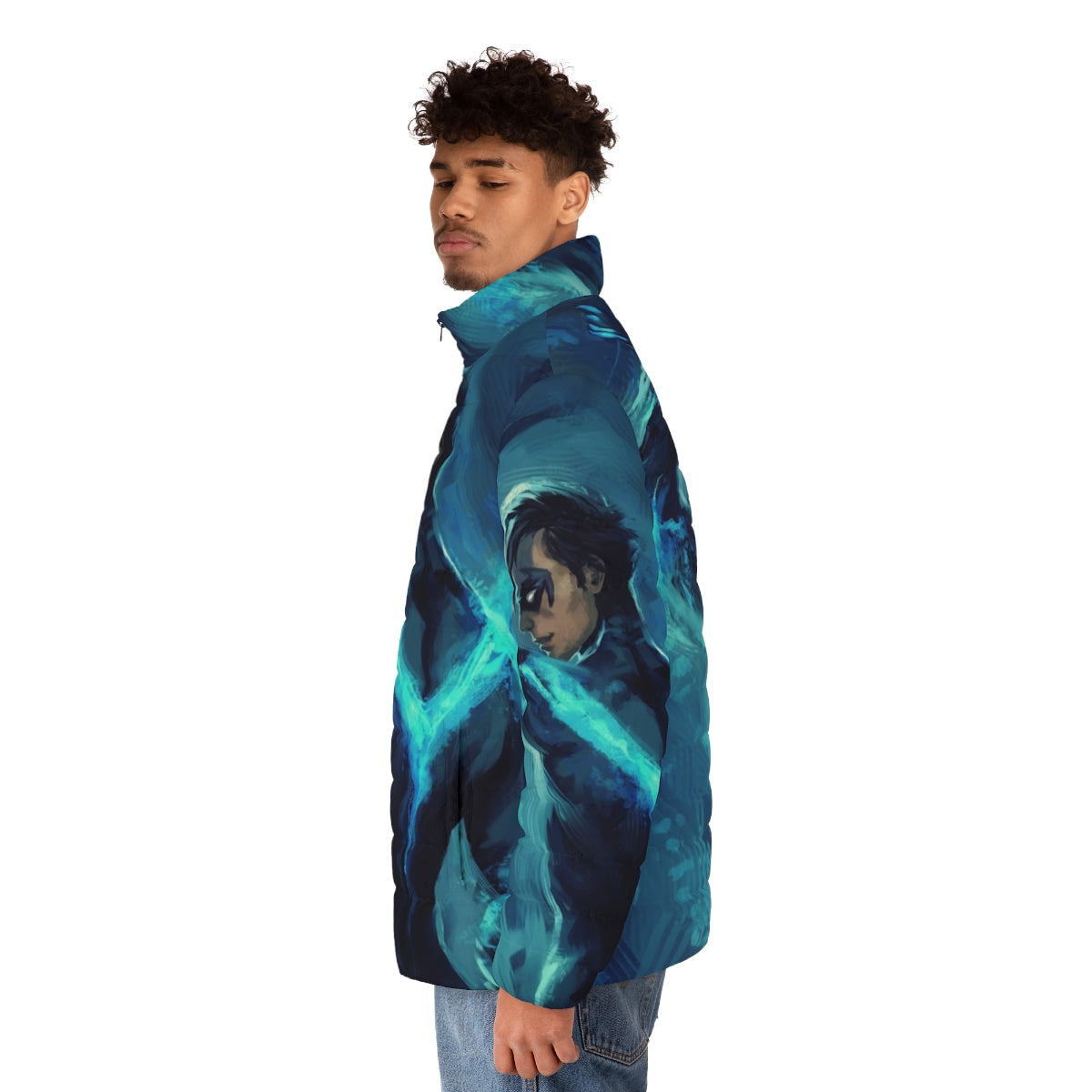 Nightwing Puffer Jacket with blue color and superhero design - men side left