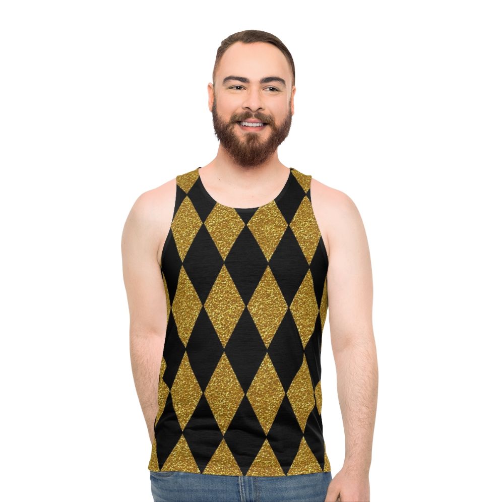 Black and gold harlequin pattern unisex tank top - men