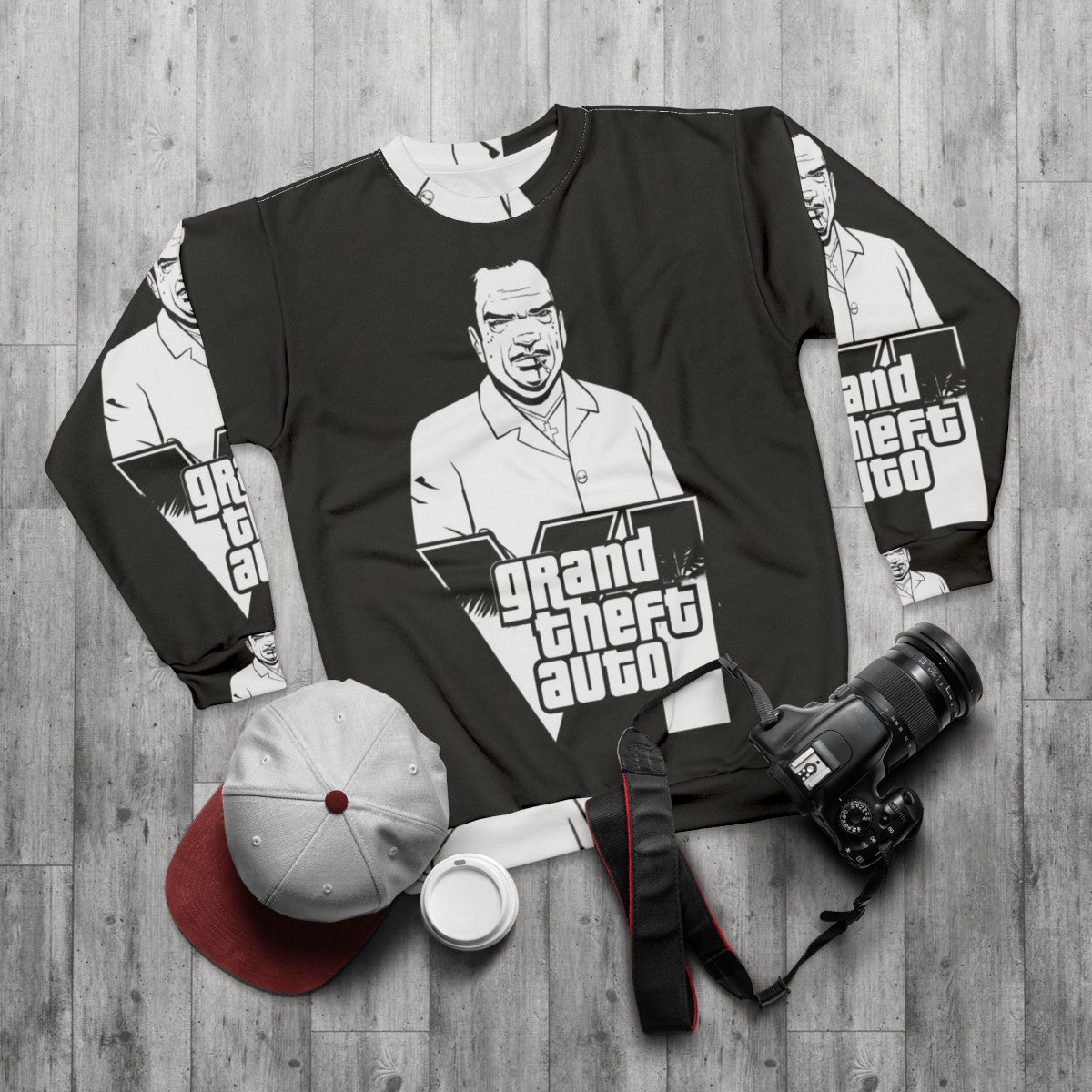 Grand Theft Auto Sweatshirt featuring classic GTA video game graphics - flat lay