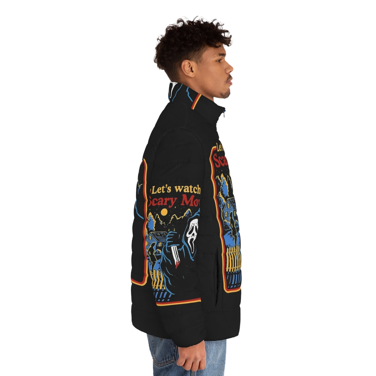 Scary horror puffer jacket with ghost design and "Let's Watch Scary Movies" text - men side right