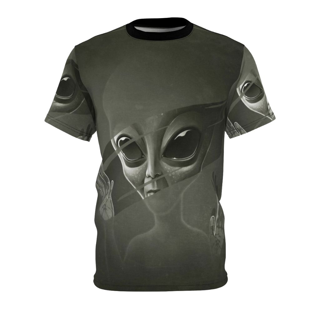 Alien-inspired t-shirt with a cosmic universe and extraterrestrial design