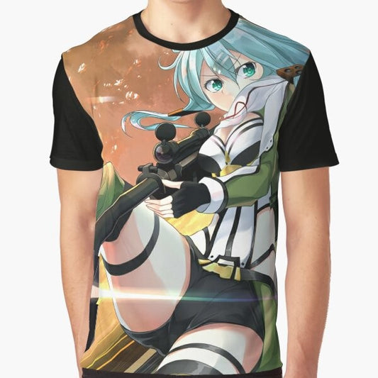 Sinon, a female character from the anime series, holding a rifle graphic on a t-shirt.