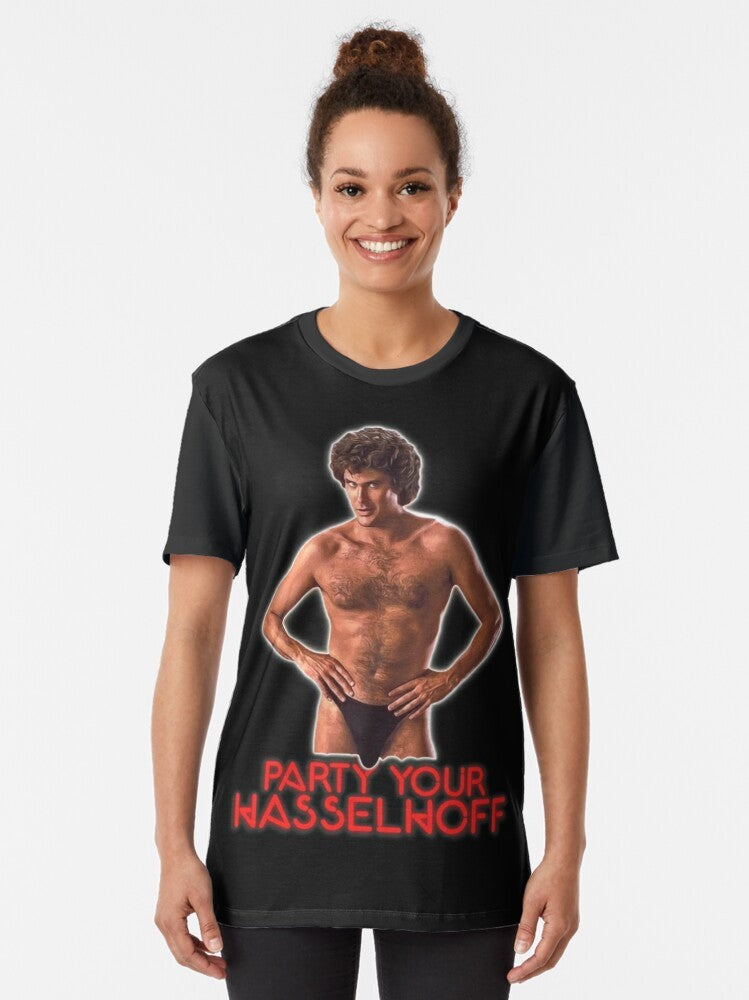 Retro "PARTY YOUR HASSELHOFF" graphic t-shirt featuring David Hasselhoff, the iconic 80s actor and pop culture figure. - Women