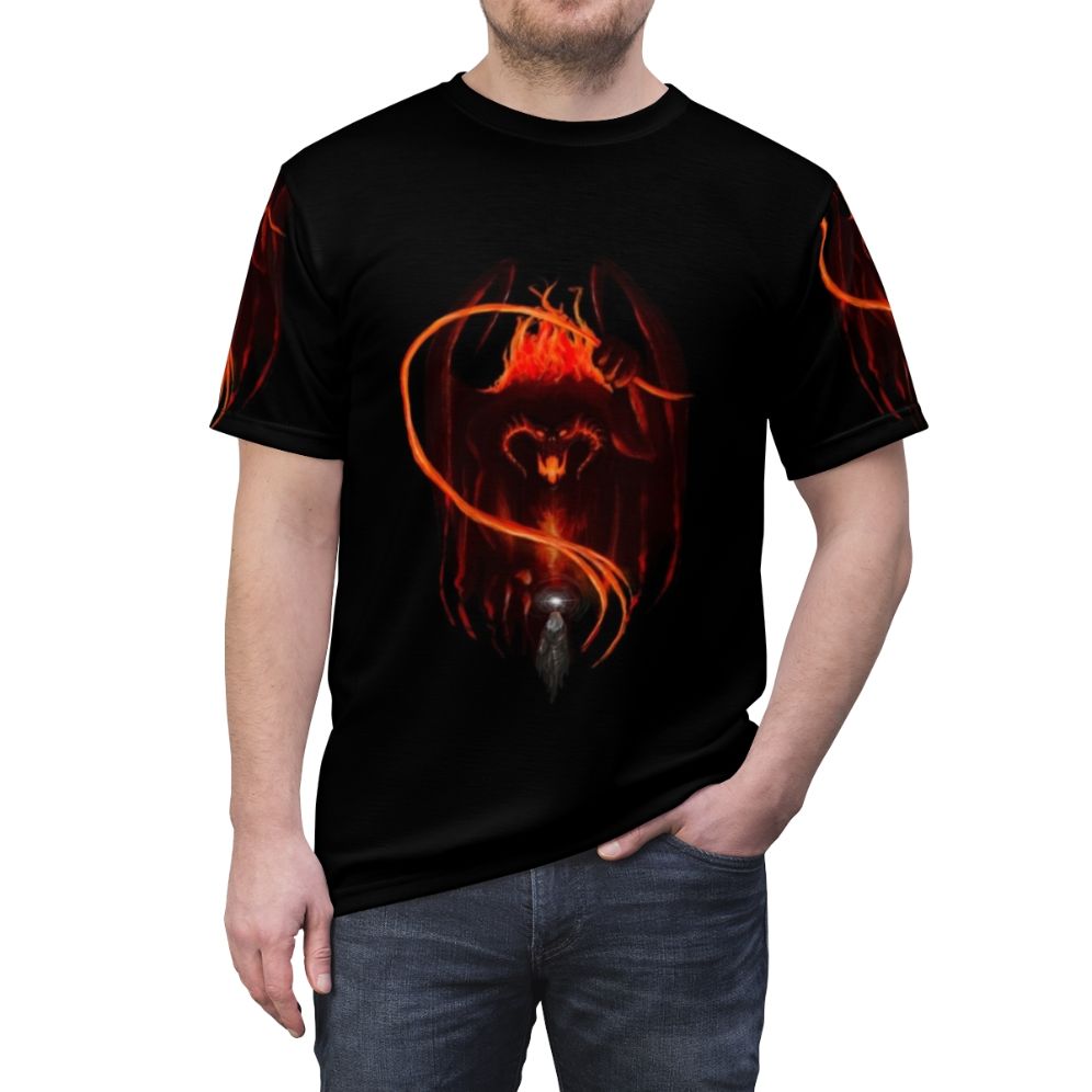 Balrog fantasy t-shirt with dark, epic imagery inspired by Lord of the Rings - men front