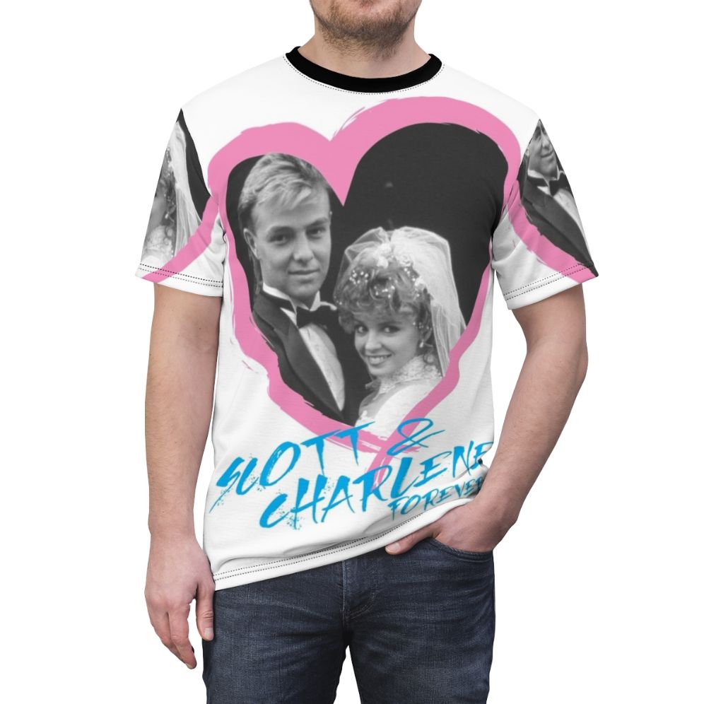 Commemorative t-shirt featuring the iconic Neighbours couple Scott and Charlene - men front