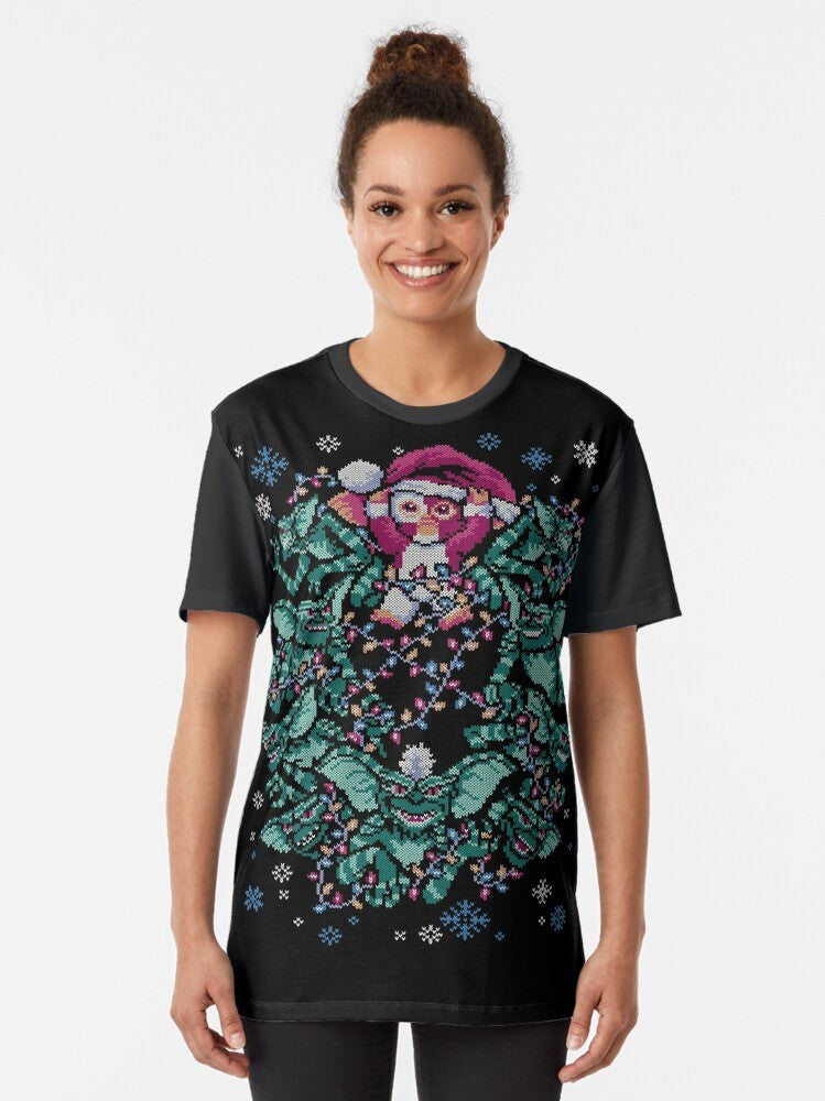 Gremlins Christmas graphic t-shirt featuring Gizmo the Mogwai in a classic 80s holiday design - Women