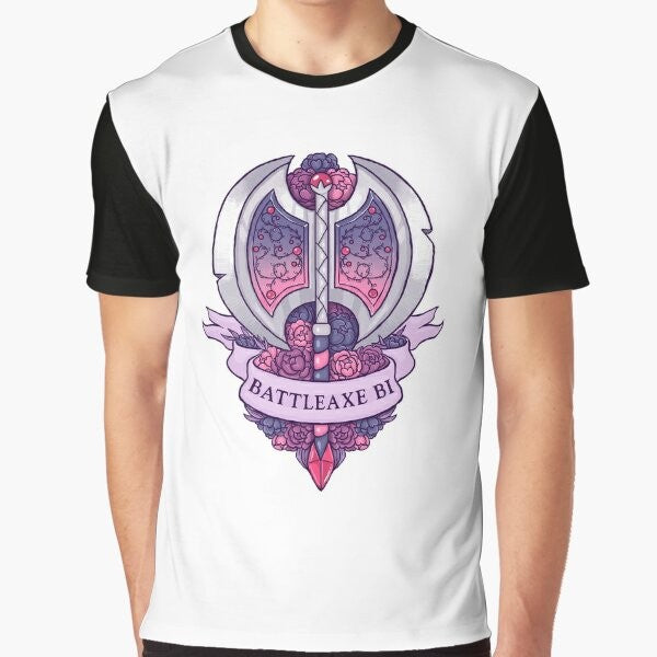 Bisexual battle axe with floral design graphic t-shirt