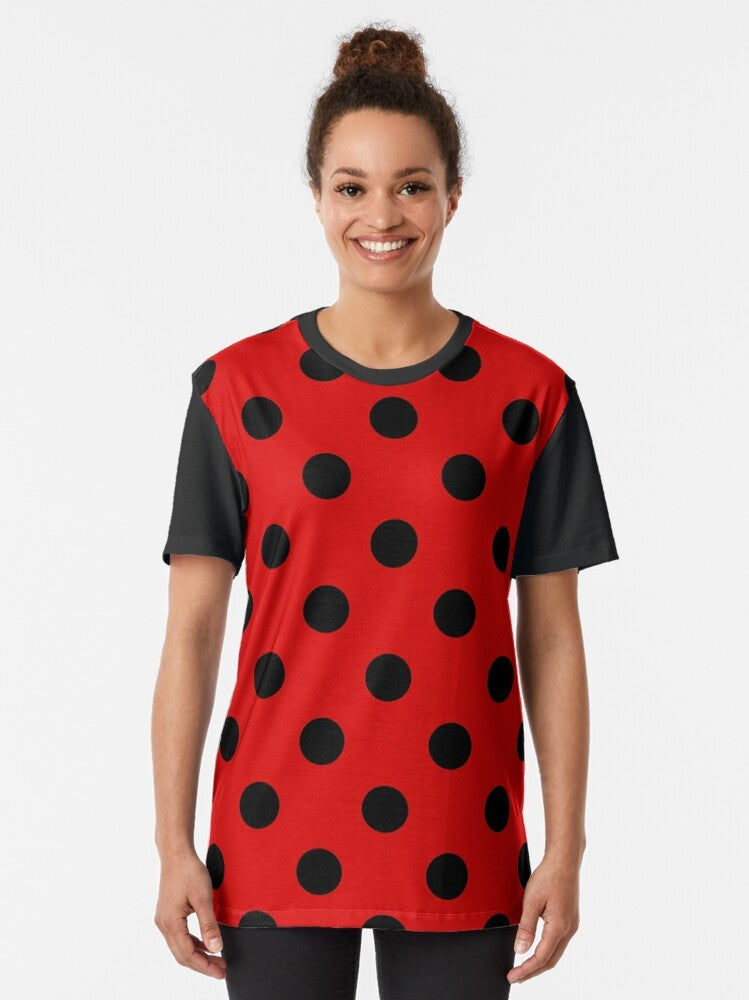 Elegant extra large black on red polka dots graphic t-shirt - Women