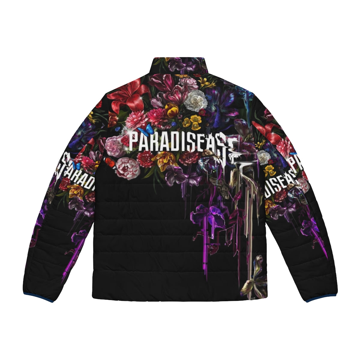 Corrupted Paradise Sci-Fi Puffer Jacket with Glitch and Floral Botanicals - Back