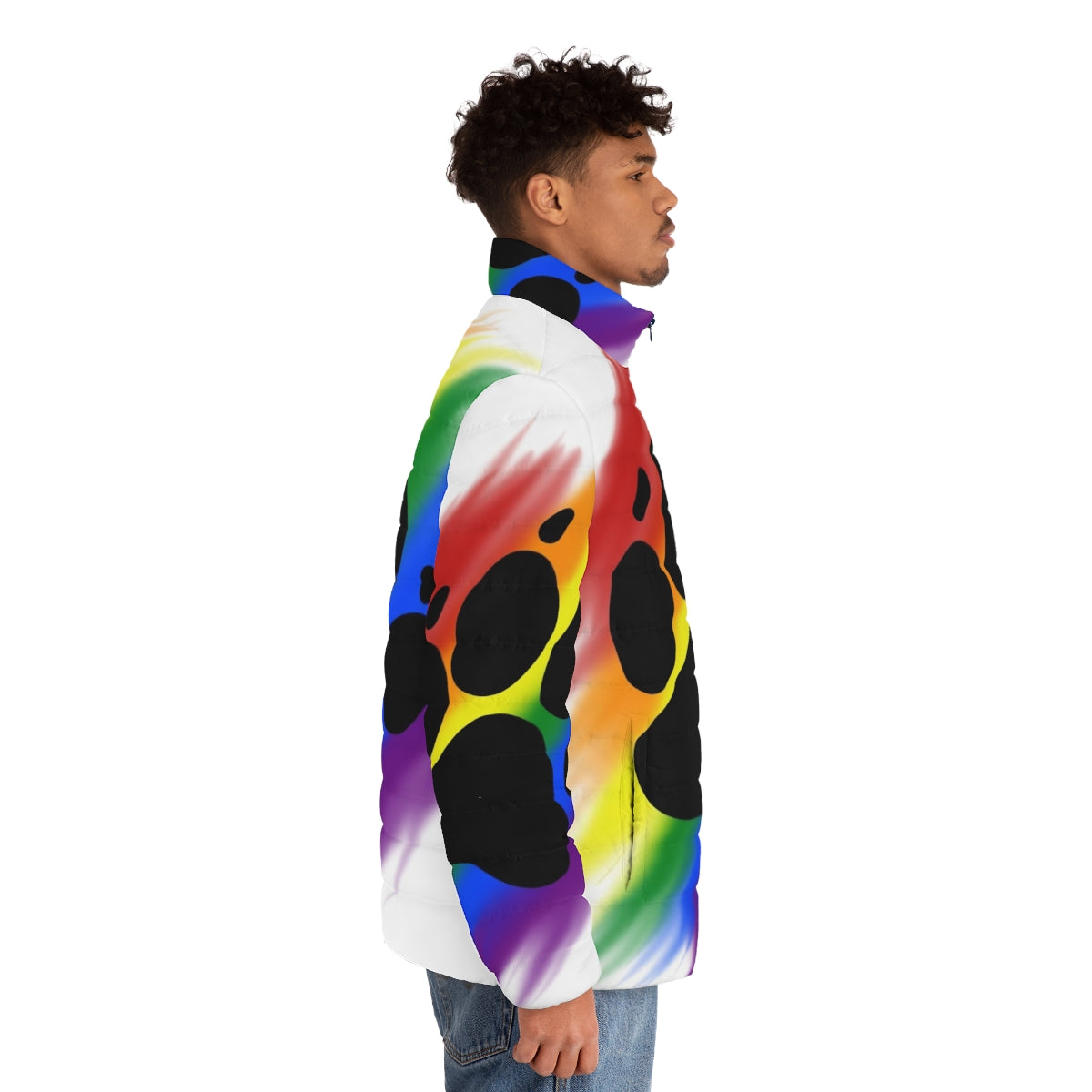 Colorful rainbow puffer jacket with dog paw print design - men side right