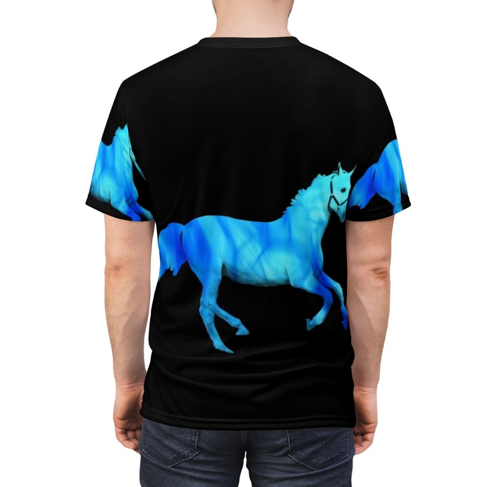 Fiery, legendary blue horse running with flames in the background - men back