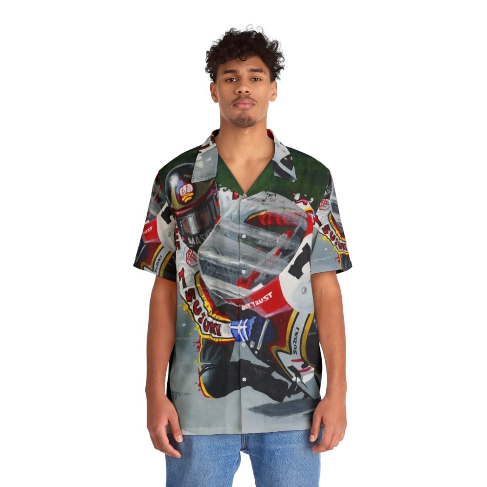 Barry Sheene Inspired Hawaiian Shirt featuring Retro MotoGP Motorsports Apparel Design - People Front