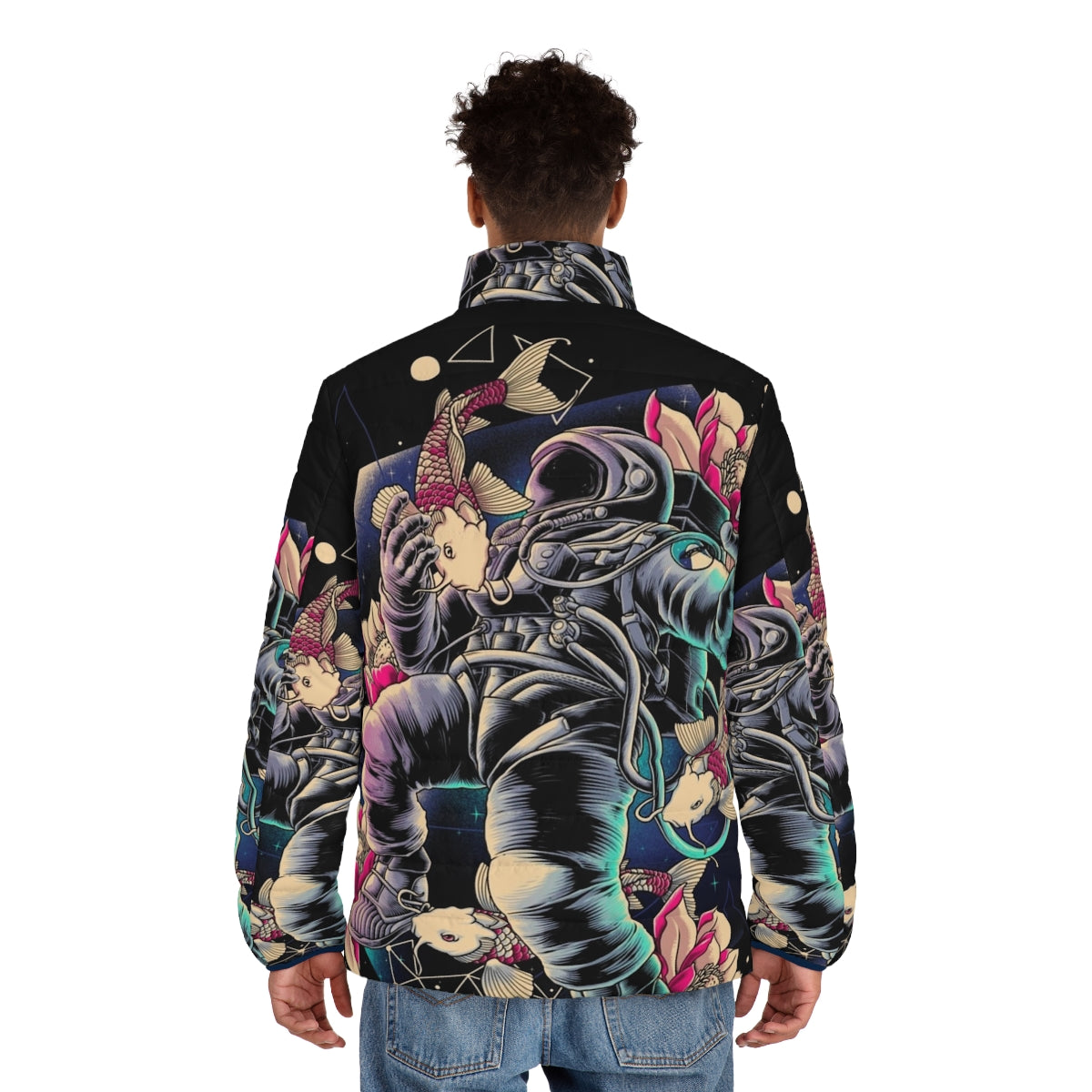 Deep space puffer jacket with a cosmic, interstellar starry design - men back